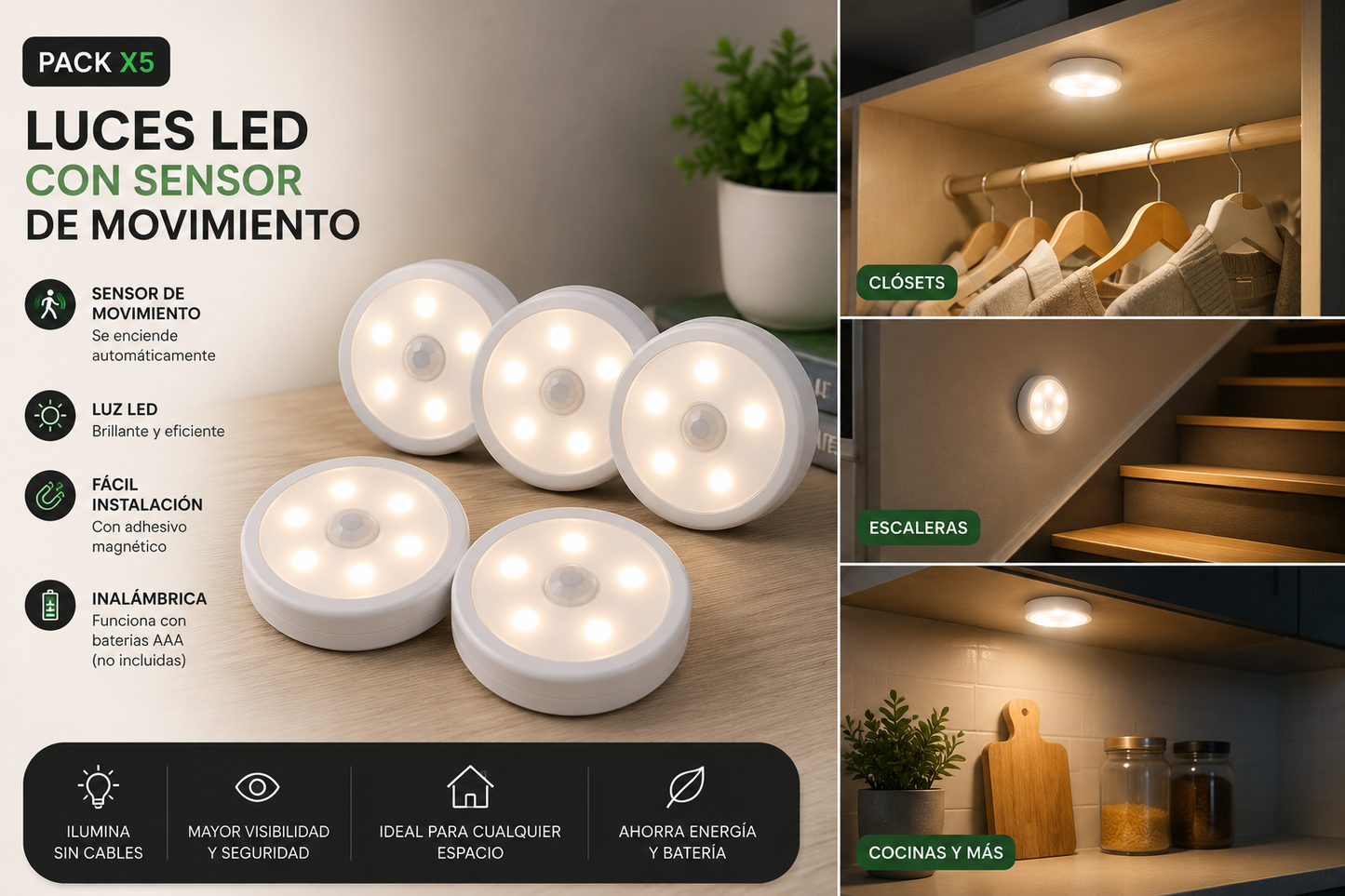Pack 5 Luces LED con Sensor de Movimiento Avenora